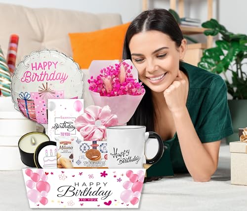 Birthday Gift Basket/Unique Care package Gift set for women or teenage girl Variety gift w/Happy birthday balloon dried fl...