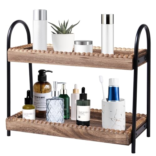 BDBDYEAY Bathroom Countertop Organizer, 2 Tier Vanity Organizer and Storage for Cosmetic Skincare Perfume, Wood Bead Stora...