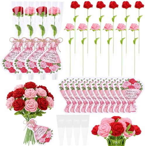 Rivvlive 12 Sets Mother Gift Crochet Flowers Bouquet Handmade Knitted Roses Red and Pink Artificial Rose with Greeting Car...