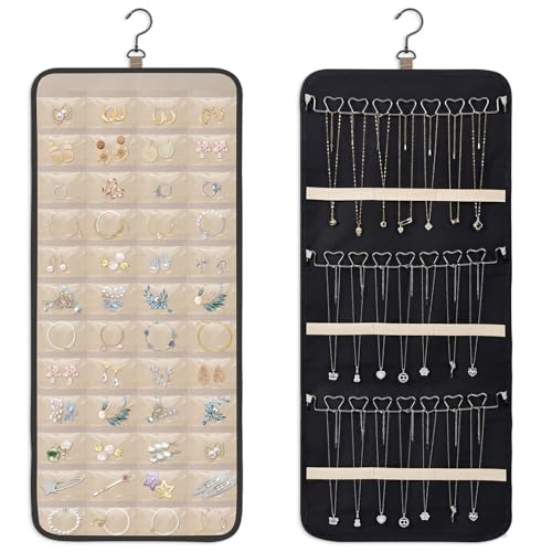 Dynoro Double-Sided Hanging Jewelry Organizer, Large Black Storage Roll for Earrings, Necklaces, Rings, 48 Pockets 21 Hook...