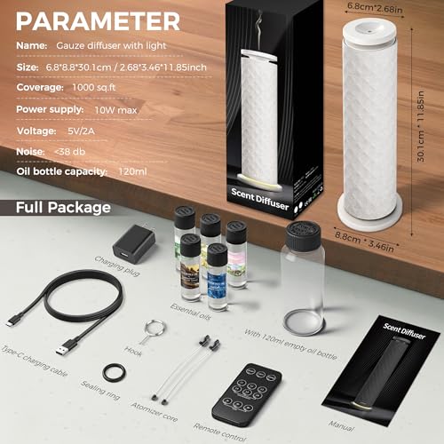 Hotel Scent Diffuser Starter Kit - 1000 Square Feet,7 Ambient Light Settings, Includes 5 Essential Oils for Hotel Aromathe...