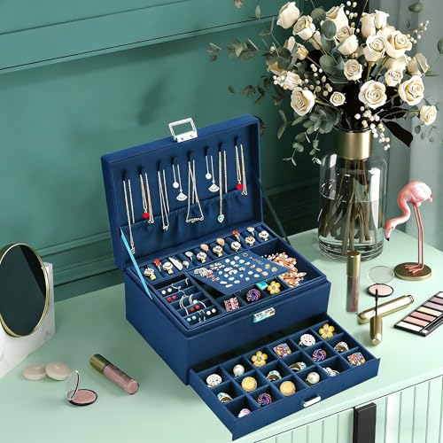 QBestry 3-Layer Jewelry Box for Women with Lock and Key & Drawer, Large Jewelry Organizer with 8 Necklace Hooks & 56 Earri...