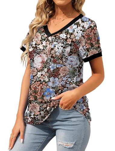 Geifa Womens T Shirts Short Sleeve V Neck Loose Casual Summer Tops 2026 with Pocket