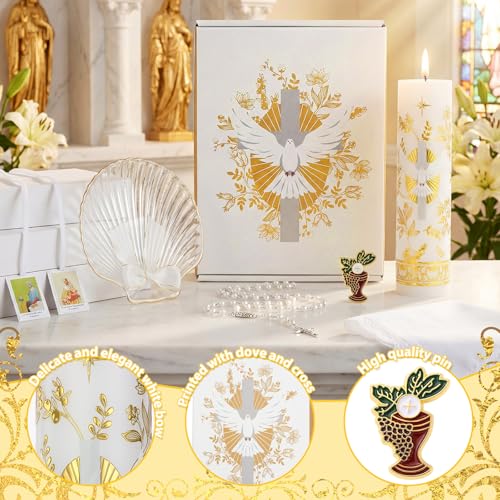 Liliful 7 Pcs First Communion Candle Gift Set, Catholic Baptism Holy Spirit Candle Towel Shell Rosary Set, Velas para Baut...