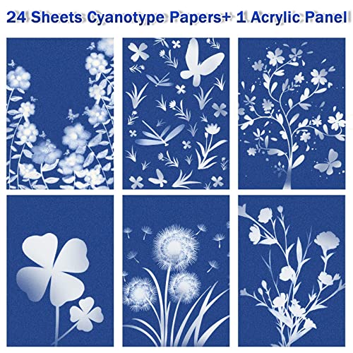 Sun Print Paper Kit Cyanotype Paper, 24 Sheets Cyanotype Papers with 1 Sheet Acrylic Panel, High Sensitive Nature Sun/Sola...