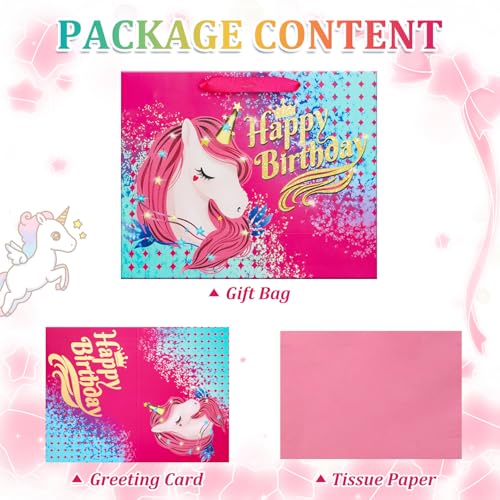 BeiLaad Unicorn Happy Birthday Gift Bag with Greeting Card and Tissue Paper, Birthday Gift Bags for Kids Girls Medium