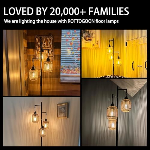 ROTTOGOON Dimmable Boho Floor Lamp - 3 Light Farmhouse Rattan Floor Lamp for Living Room, Industrial Tree Floor Lamps with...