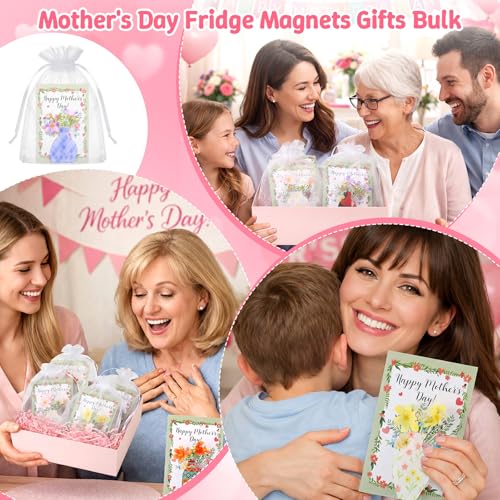 16 Sets Mother's Day Fridge Magnets Gifts Bulk with Mini Flower Vase Fridge Magnets Cards Artificial Flowers Organza Bags ...