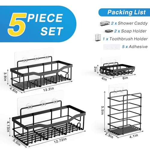 EUDELE Adhesive Shower Caddy, 5 Pack Rustproof Stainless Steel Bath Organizers With Large Capacity, No Drilling Shelves fo...