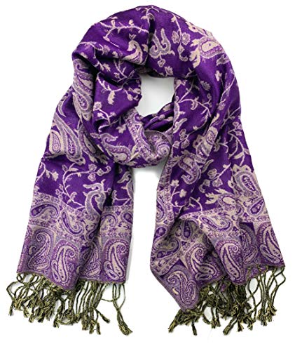 Plum Feathers Tapestry Ethnic Paisley Pattern Pashmina Shawl Scarf, Womens Pashmina Shawl Wrap with Fringes