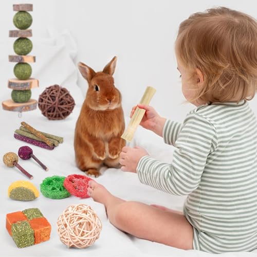 VESPRO Bunny Teys for Rabbits Hamster/Guinea Pig Toys Natural Timothy Hay Sticks chew Treats and Balls for Rabbit, Bunny, ...