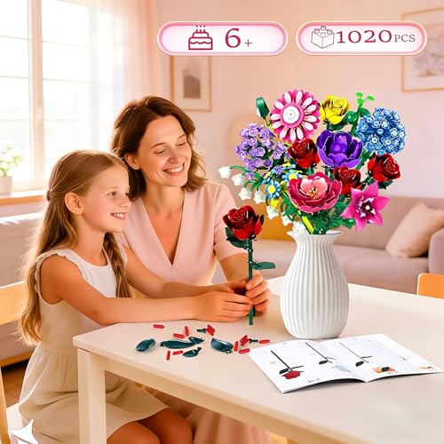 Rongmeiz Mother's Day Flower Bouquet Building Set, 1020 PCS Botanical Collection Building Block Toy, Rose Flowers Plant Ho...