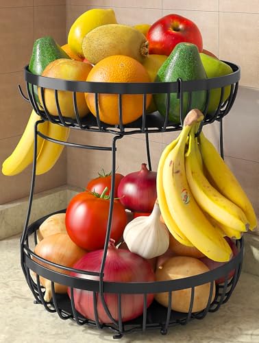 Sevenblue 2 Tier Large Fruit Basket for Kitchen Counter with 2 Banana Hangers, Metal Stackable Fruit Bowl for Kitchen Coun...
