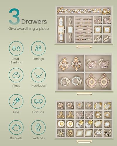 SONGMICS 3-Layer Jewelry Box with Glass Window, Jewelry Storage Organizer with 3 Drawers, Golden Handles, for Rings, Earri...
