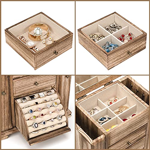 Emfogo Jewelry Box for Women, Rustic Wooden Jewelry Boxes & Organizers with Mirror, 4 Layer Jewelry Organizer Box Display ...