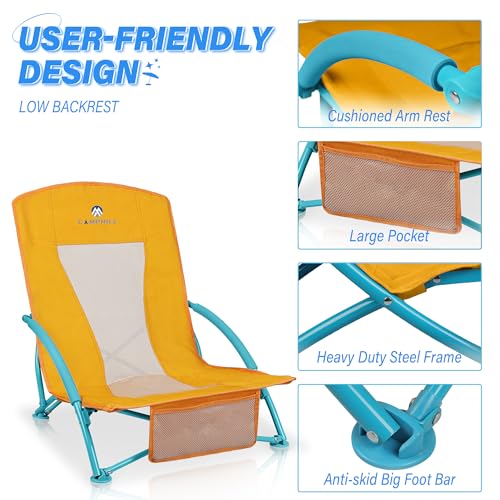 Low Beach Chairs 2 Pack,Folding Compact Low Seat Chairs for Adults w/Mesh Back & Storage Bag,Heavy Duty Chair for Outdoor ...