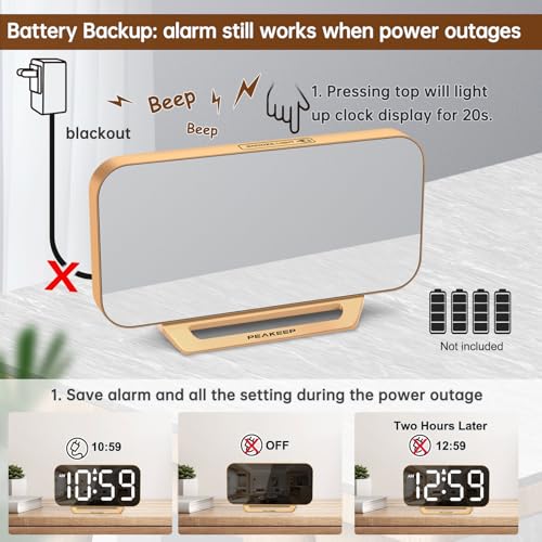 Peakeep Slim Digital Mirror Aesthetic Alarm Clock for Bedrooms Desk Decor - Plug in Electric Big LED Modern Small Clock fo...