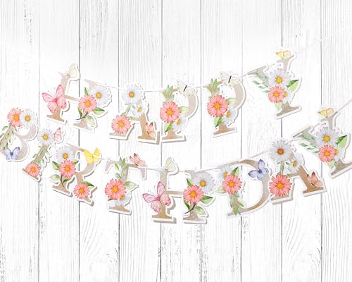 Flower Happy Birthday Banner Wildflower Butterfly Birthday Decorations Spring Floral Happy Birthday Sign for Women Girls F...