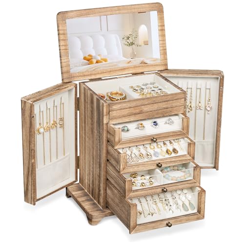 Bellaownia Large Jewelry Box & Organizer for Women, Wooden Jewelry Storage with 4 Transparent Drawers, Holds Necklaces, Ri...