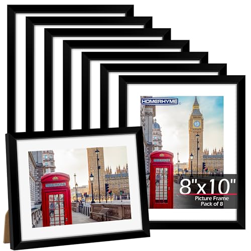 HOMERHYME 8x10 Picture Frame Set of 8, Black Photo Frames for Tabletop or Wall Display, Fits Pictures 5x7 with Mat or 8x10...