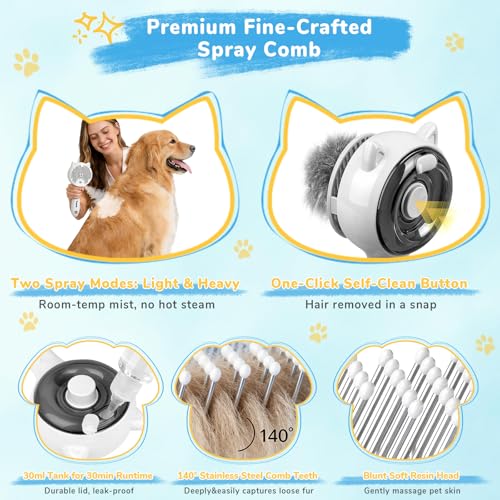 10Pcs Mist Spray Brush Kit for Cats & Dogs, Hair Health & Grooming Set with 100ml Waterless Shampoo, Cat Scratcher w/Catni...