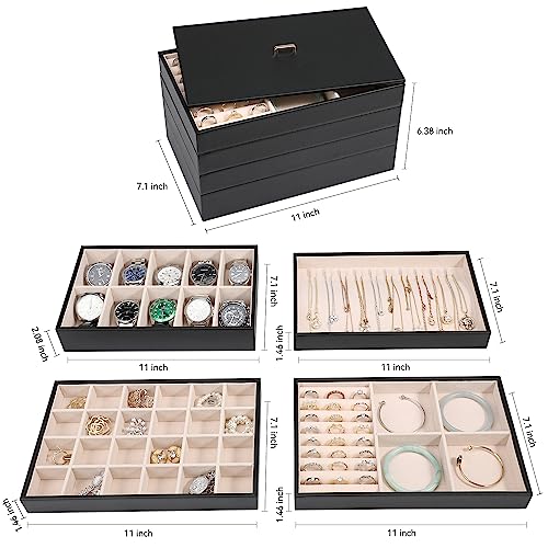 Voova Stackable Jewelry Organizer Tray with Lid, PU Leather Jewelry Storage Holder for Drawer Inserts, Jewellery Display B...