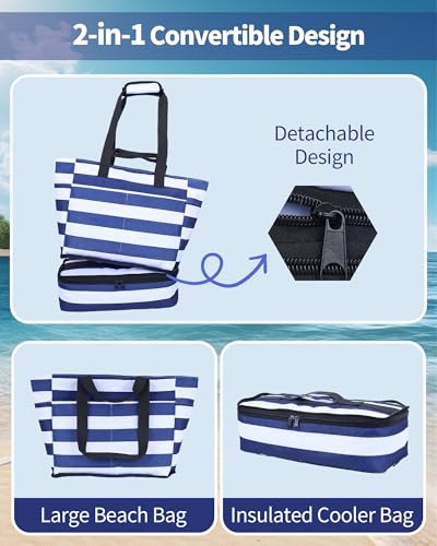 NBERMOTION Beach Bag with Detachable Cooler, 62L Large Beach Bags Waterproof Sandproof for Women,Travel Tote Bag for Family