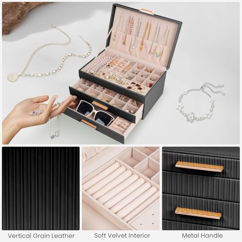 Dajasan Jewelry Box Organizer, 3-Tier Jewelry Storage with 2 Drawers, Large Jewelry Boxes for Women, PU Leather Surface wi...