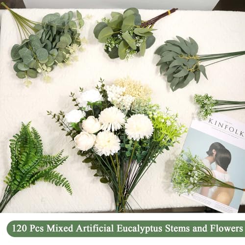 120Pcs 15 Kinds Mixed Artificial Eucalyptus Leaves Stems and Faux Flowers Bulk, Fake Silver Dollar Eucalyptus Bundle Plant...