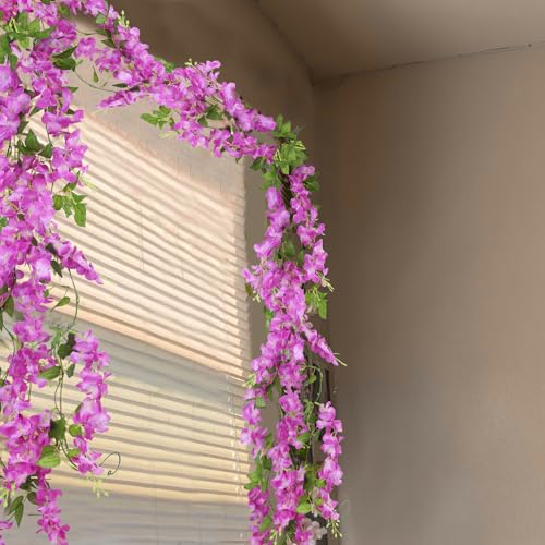 CISDUEO 2 Pcs Wisteria Hanging Flowers Wisteria Flowers Vine Garland Wedding Arch Decoration Purple Red Artificial Wisteri...