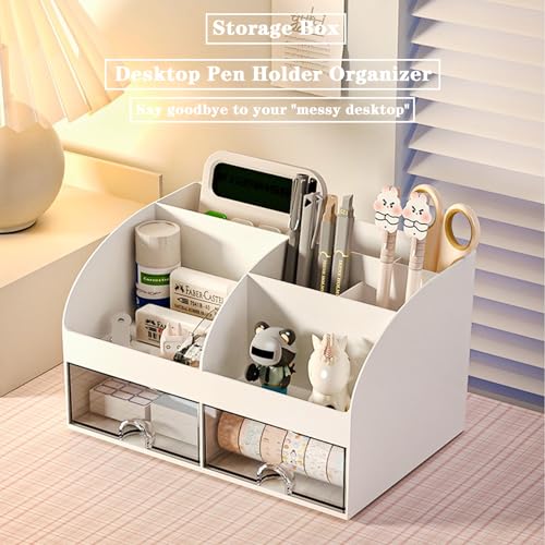 COMFYROOM Desk Organizer with 6 Compartments and 2 Drawers, Plastic Makeup Organizer, Pen Holder for Desktop Storage, Desk...