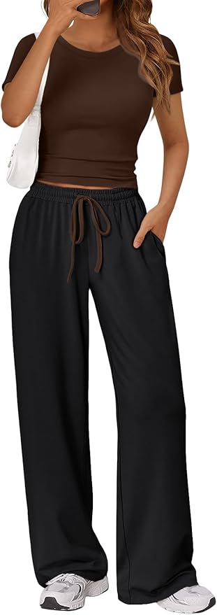 Trendy Queen 2 Piece Matching Summer Sweatsuit Lounge Set Womens Side Ruching Top Wide Leg Pants Sets with Pockets