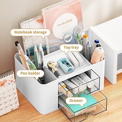 Marbrasse Pen Organizer with 2 Drawer, Multi-Functional Pencil Holder for Desk, Desk Organizers and Accessories with 5 Com...