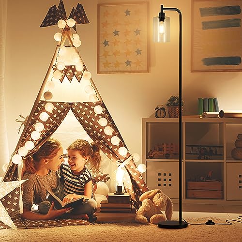 Ziisee Industrial Floor Lamp with Glass Shade - Black, LED Bulbs, Foot Pedal Switch, Easy Assembly