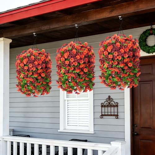 INXUGAO Artificial Flowers with Hanging Basket, Outdoor Faux Plants Silk Morning Glory Vines, Fake Green Arrangement for G...