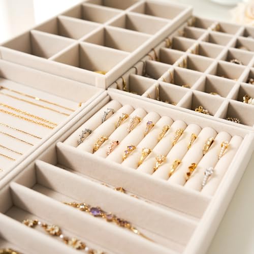 Velvet Jewelry Drawer Organizer Trays – 4-Layer Stackable Jewelry Storage Inserts Set, Beige Jewelry Tray Set for Earring...