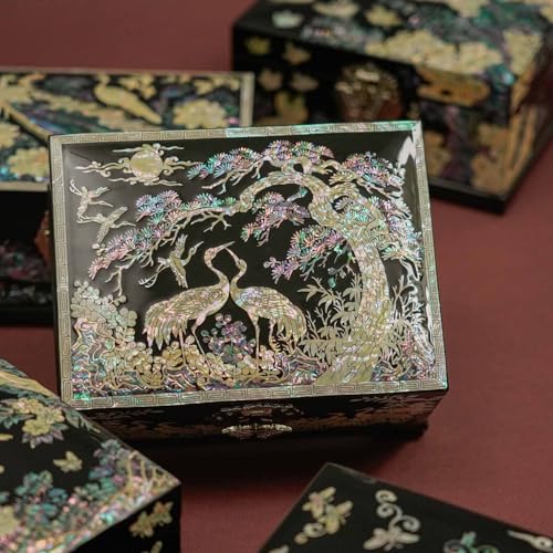 February Mountain Mother-of-Pearl Crane Jewelry Box | Wooden Make | Two-Layer Velvet Interior | Mirror Lid | Lacquer Finis...