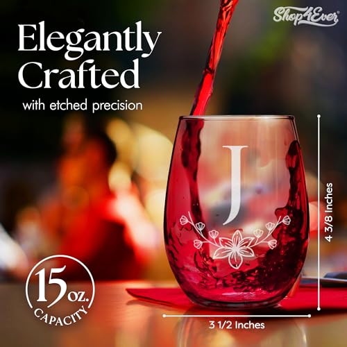 Floral Monogram Engraved Initial Letter Stemless Wine Glass 15 oz. Personalized Monogrammed Custom Gift (J)