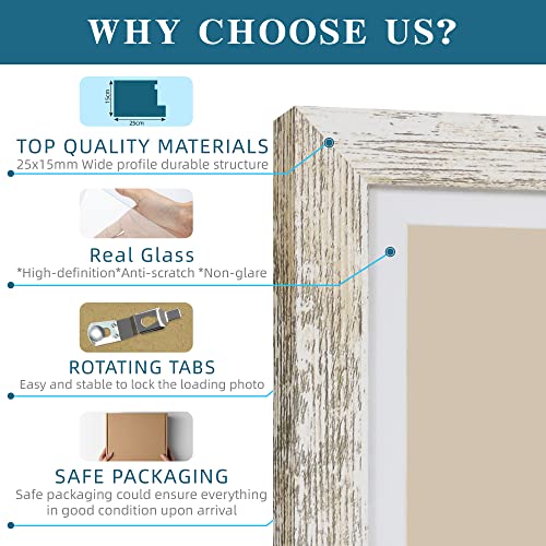 Hongkee 5x7 Picture Frame Set of 2, Made of Real Glass and Distressed White Wooden Frame - Display Pictures 4x6 with Mat o...