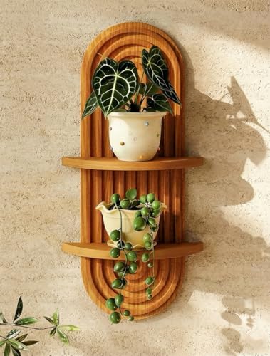 Bamworld Boho Wall Decor Brown Plant Wall Shelf Mid Century Modern Decor Hanging Plant Shelf 16.7in 2 Tier Wooden Floating...