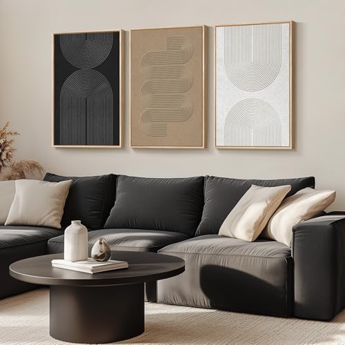 Large Framed Black and White Neutral Abstract Wall Art for Living Room, 3 Piece Boho Canvas Prints Paintings Artwork for W...