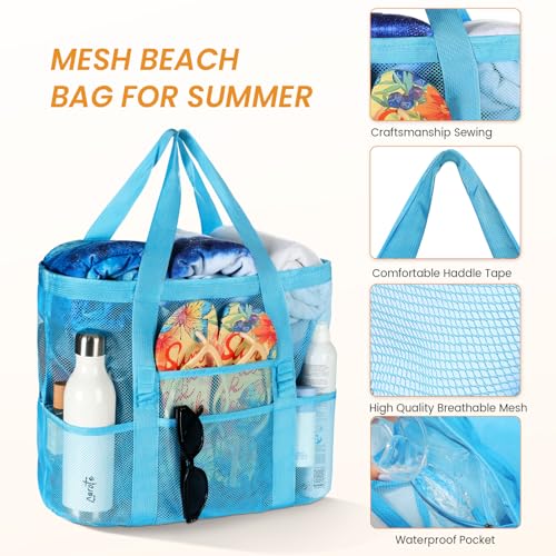 Tavaleu Mesh Beach Bag - Large Beach Tote with Multi Functional Pockets for Family Travel/Vacation