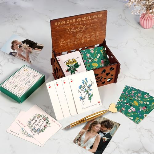 54 PCS Personalized Wedding Guest Book Alternative, Floral Wedding Guest Playing Cards Set with Wooden Openwork Storage Bo...