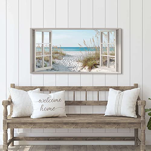 Window Beach Wall Art Prints: Modern Large Tropical Coastal Landscape Canvas Bedroom Blue Ocean Picture Relaxing Living Ro...