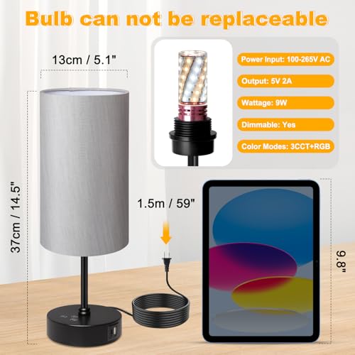 Unicozin Table Lamp for Bedroom, 3 Color Temperatures, 7 RGB Colors, Adjustable Brightness, Dual USB Charging Ports, Ambie...