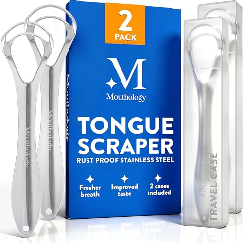 BASIC CONCEPTS Tongue Scraper for Adults (2 Pack), Reduce Bad Breath (Travel Cases Included), Stainless Steel Tongue Clean...