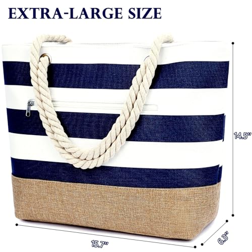 Fammart Beach Bags Waterproof Sandproof for Women, Large Canvas Pool Bag with Leakproof Wet Pocket & Zipper Cruise Essentials