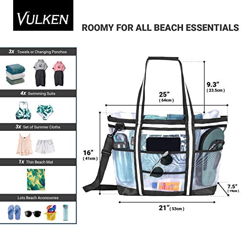 Vulken 42L Extra Large Mesh Beach Bag. 9 Pockets Top Zip Tote Bag Shoulder Bag