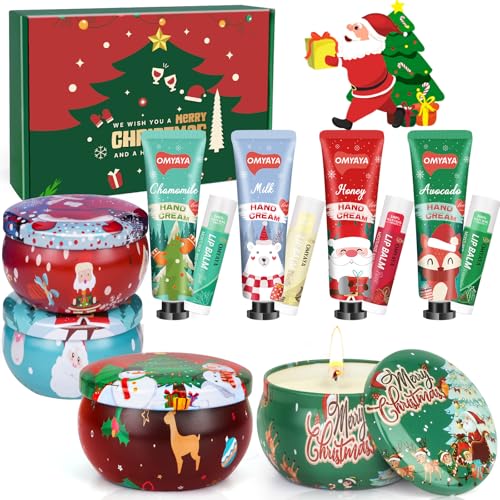 Candles Gifts for Women, 4 Christmas Scented Candles, 4 Mini Hand Cream Lotion & 4 Lip Blam Gift Set for Women, Ideal Part...