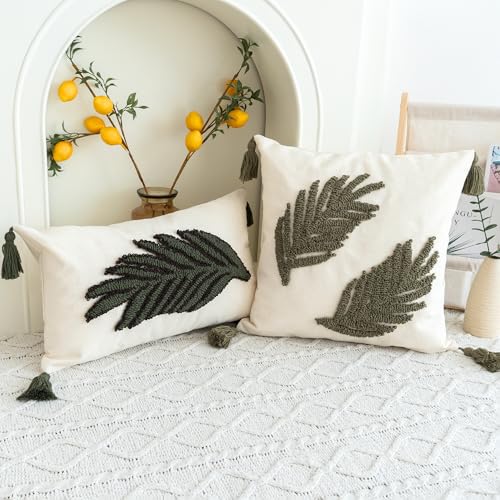 VANNCIO Linen Green Leaf Throw Pillow Cover, Square Pillowcase with Tufted Tropical Palm Leaves, Modern Decorative Cushion...